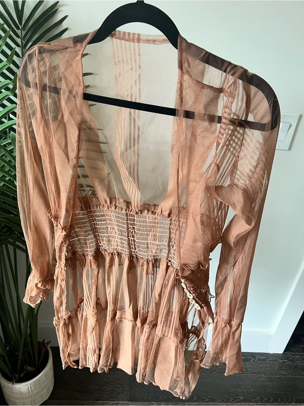 Sheer Peach Mesh Smocked Waist Blouse